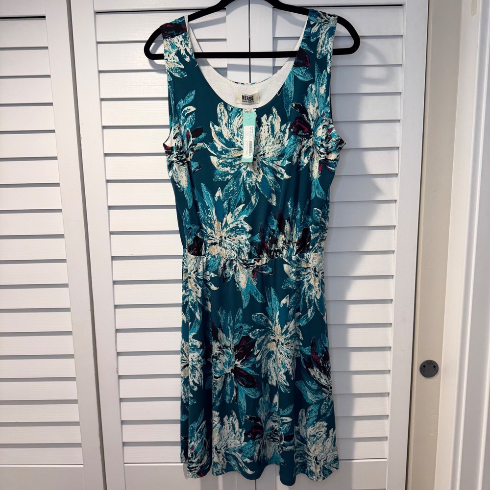 Verse Carissa Knit Dress Teal Green Sleeveless Floral Print‎ XL Made in USA New